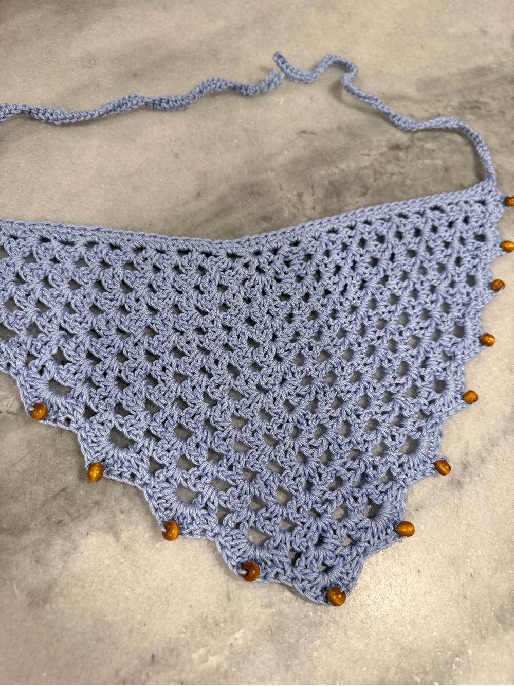 Handmade Crochet Wood Beaded Kerchief Head Scarf Cotton Boho Bandana Cottagecore
